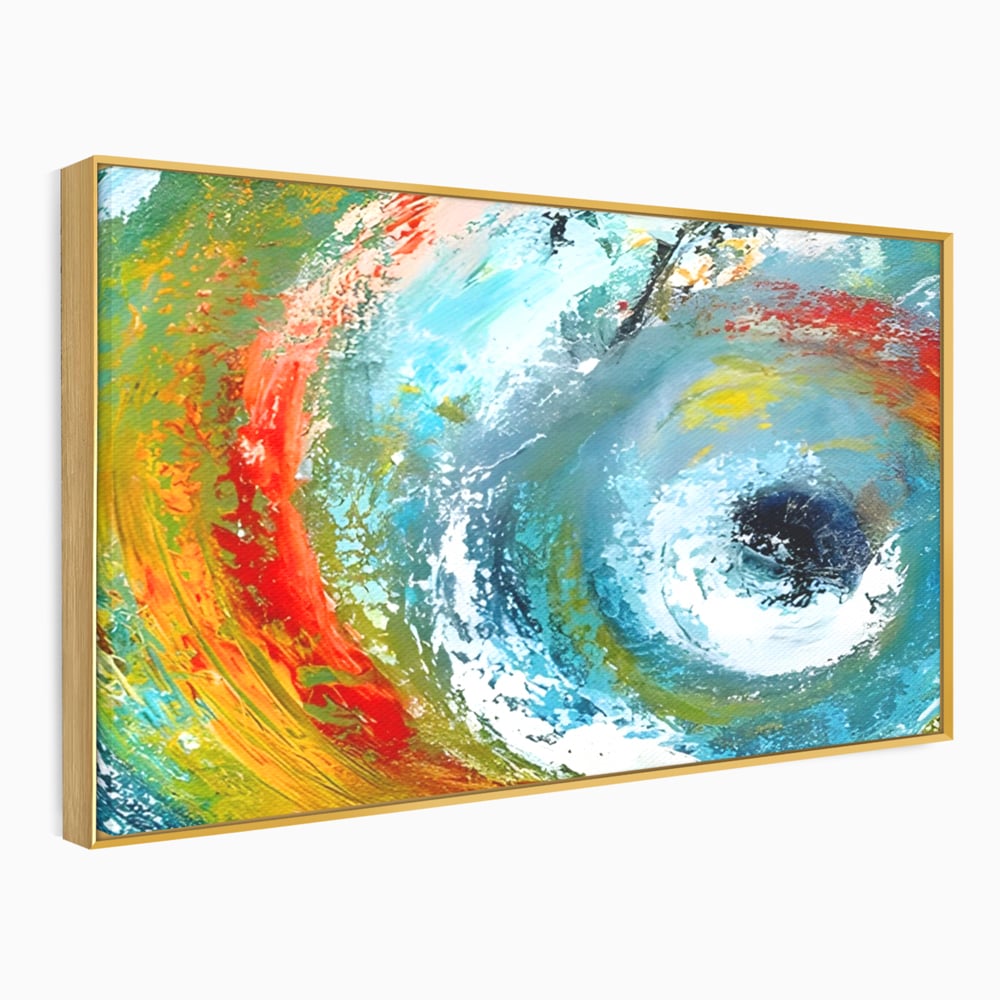 Tablou canvas cu pictura abstracta cu vartej de culori, in rama de aluminiu auriu